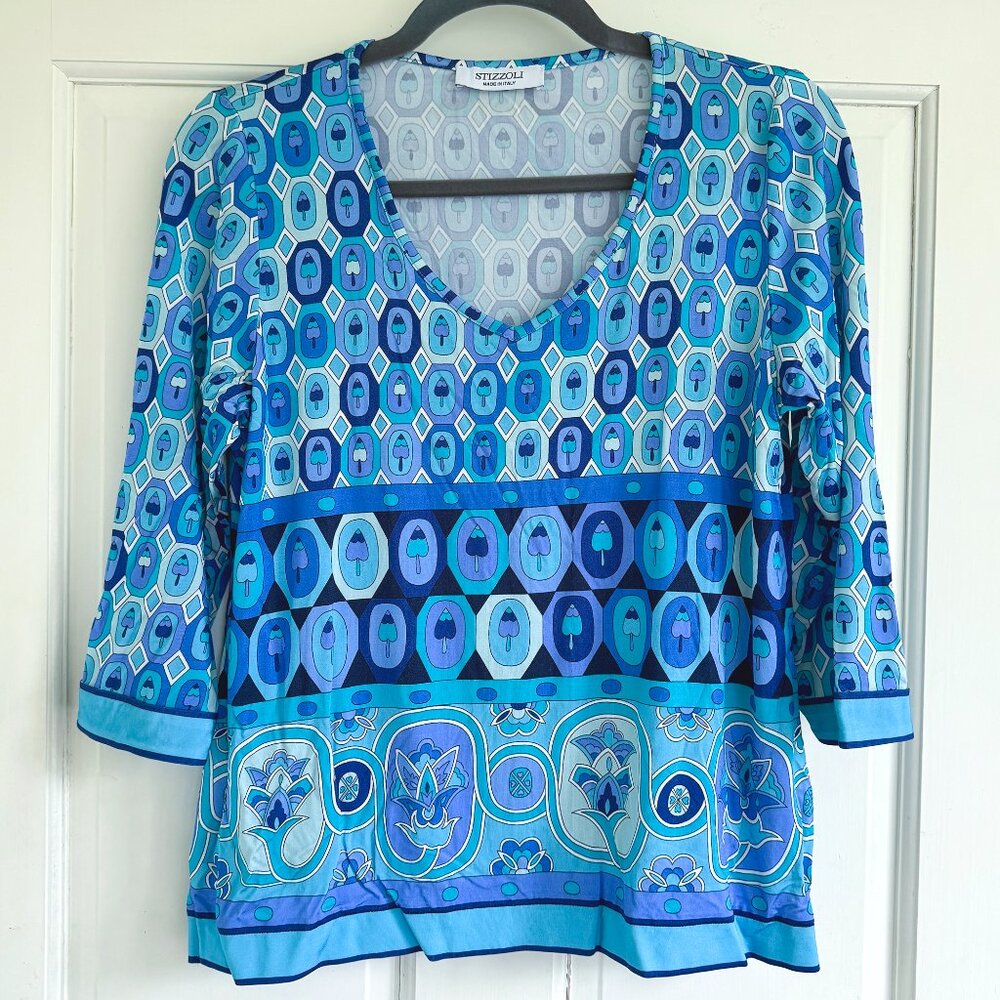 Italian Stizzoli Viscose Mod patterned v neck tunic 8 3/4 sleeves